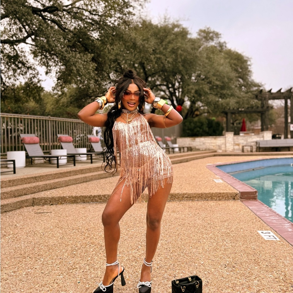 SHEIN Rose Gold Sequin Fringe Backless Mini Dress